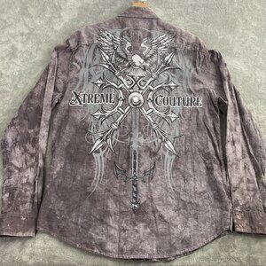 Xtreme Couture Shirt Mens XL Long Sleeve Button Up Graphic Print Logo Cross